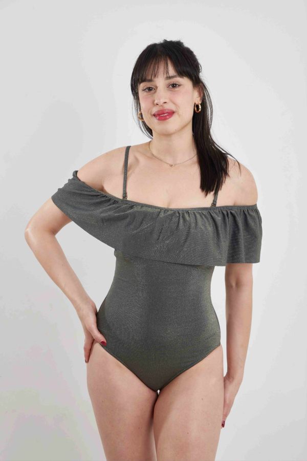 MAILLOT 1 PIECE BANDEAU VOLANT VERT DORE